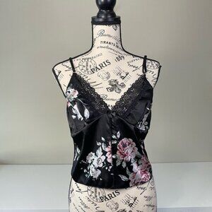 Floral Black Lacey Sheer Split Front Cropped Camisole LG Cottage Whimsy Coquette